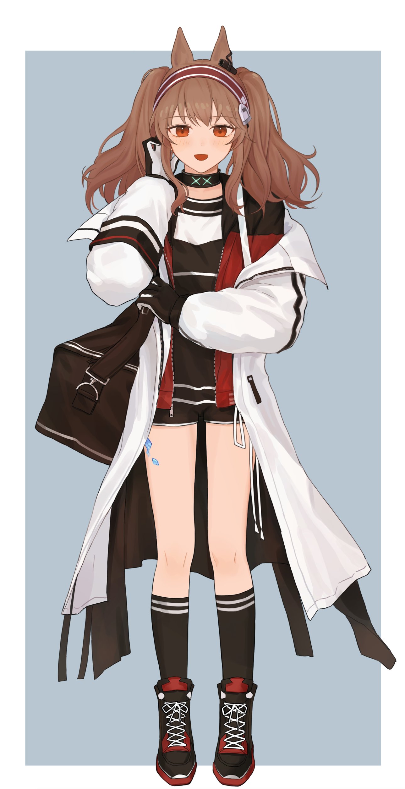 1girl absurdres angelina_(arknights) animal_ears arknights bag bangs blush brown_hair coat duffel_bag eyebrows_visible_through_hair fox_ears fox_girl gloves gongjangmaster hairband highres infection_monitor_(arknights) long_hair oripathy_lesion_(arknights) red_eyes shorts solo twintails white_coat