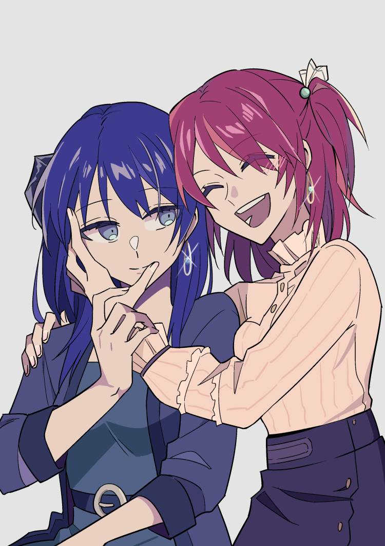 2girls alternate_hairstyle arknights bangs blue_eyes blue_hair blush chinese_commentary closed_eyes closed_mouth earrings exusiai_(arknights) eyebrows_visible_through_hair hand_on_another's_shoulder jewelry long_hair mostima_(arknights) multiple_girls open_mouth redhead shangguzhilang side_ponytail