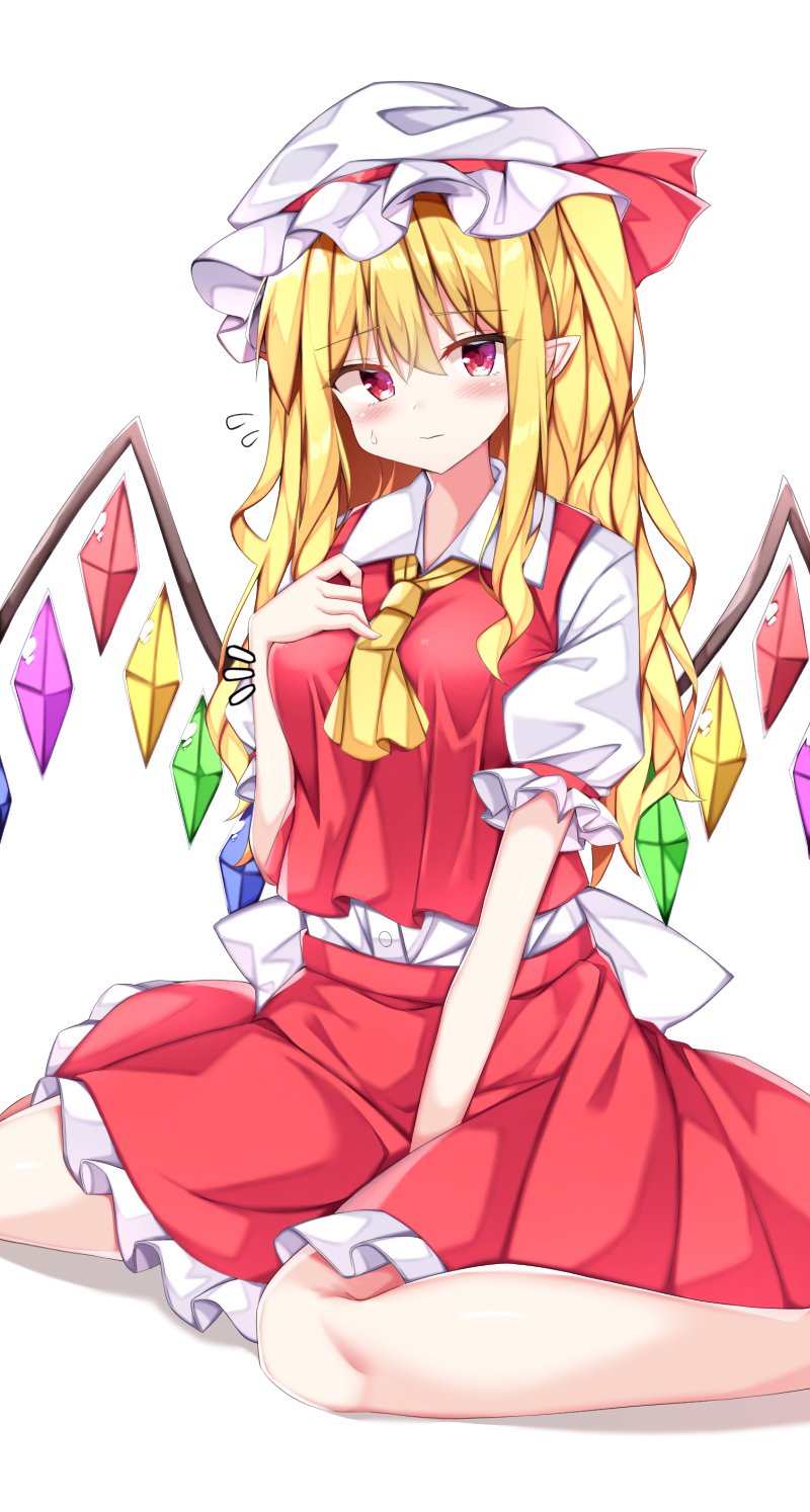 1girl ascot bangs blonde_hair blush bow breasts buttons closed_mouth collared_shirt commentary_request crystal drill_hair flandre_scarlet frilled_skirt frills hand_on_own_chest hat highres knees kuraaken large_breasts long_hair looking_at_viewer mob_cap older one_side_up pointy_ears puffy_short_sleeves puffy_sleeves red_bow red_ribbon red_skirt red_vest ribbon shirt short_sleeves side_ponytail sidelocks simple_background sitting skirt solo sweatdrop touhou vest wariza white_background white_hair white_headwear white_ribbon white_shirt wing_collar wings yellow_ascot