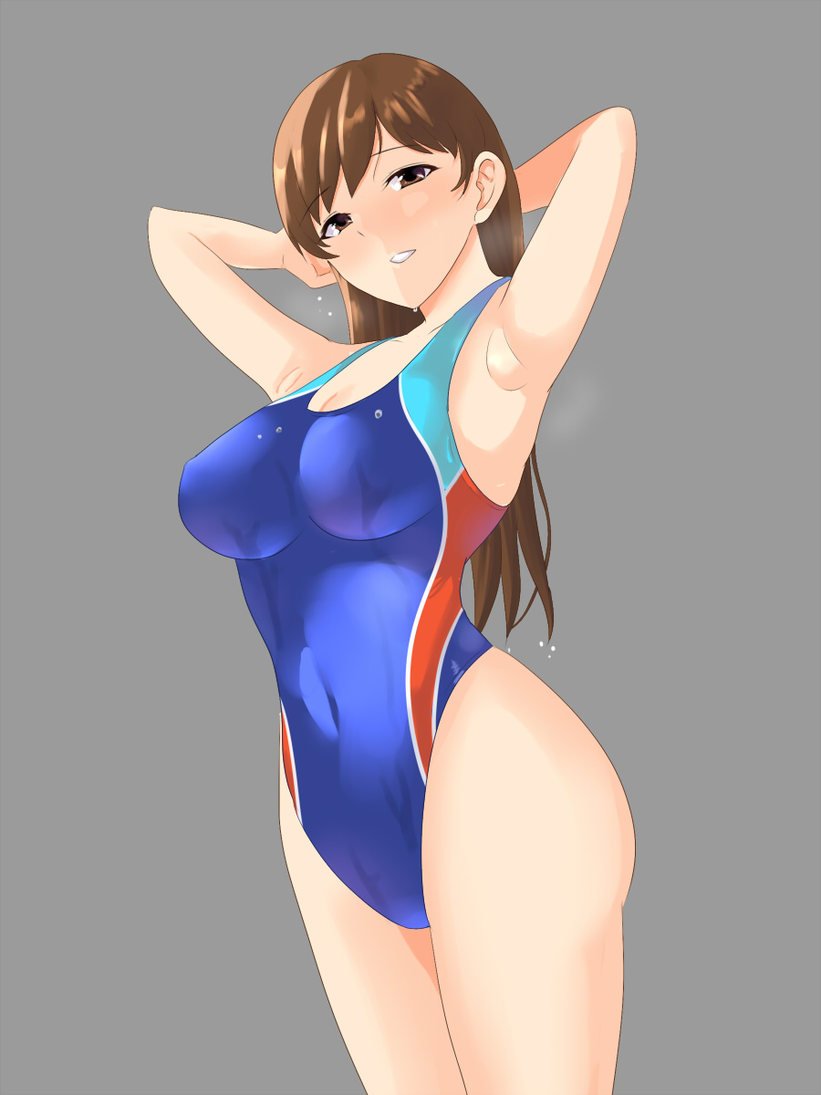 1girl armpits arms_behind_head blue_swimsuit competition_swimsuit cowboy_shot grey_background highleg highleg_swimsuit highres idolmaster idolmaster_cinderella_girls looking_at_viewer multicolored_clothes multicolored_swimsuit nitta_minami one-piece_swimsuit pachio parted_lips simple_background solo standing swimsuit wet wet_clothes wet_swimsuit