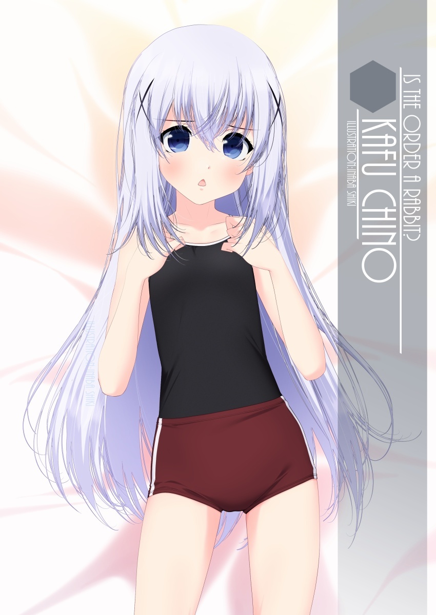 1girl artist_name black_swimsuit blue_eyes blue_swimsuit buruma character_name competition_school_swimsuit cowboy_shot flat_chest gochuumon_wa_usagi_desu_ka? gym_uniform hair_ornament hands_on_own_chest highres inaba_shiki kafuu_chino light_blue_hair long_hair looking_at_viewer lying one-piece_swimsuit red_buruma solo standing swimsuit x_hair_ornament