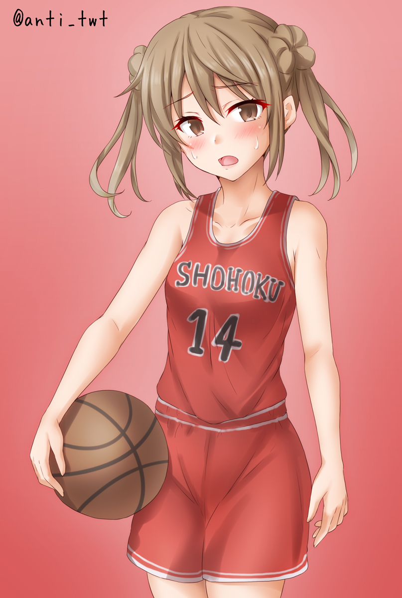 1girl anti_(untea9) ball basketball basketball_jersey basketball_uniform breasts cosplay cowboy_shot double_bun gradient gradient_background gym_uniform hair_bun highres kantai_collection light_brown_hair michishio_(kancolle) mitsui_hisashi mitsui_hisashi_(cosplay) name_connection open_mouth red_background short_twintails shorts slam_dunk_(series) small_breasts smile solo sportswear twintails yellow_eyes