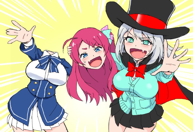2girls :d black_skirt blue_cardigan blue_eyes blush breasts cape cardigan commentary_request disembodied_head emphasis_lines eyebrows_visible_through_hair fang green_eyes grey_hair hat head_removed headless holding_head large_breasts looking_at_viewer medium_hair minamoto_sakura multiple_girls neck_ribbon one_side_up open_mouth outstretched_arm pink_hair polka_dot polka_dot_ribbon ribbon short_hair simple_background skin_fang skirt smile sweatdrop tejina_senpai tejina_senpai_(series) top_hat white_skirt yellow_background yonecchi zombie_land_saga