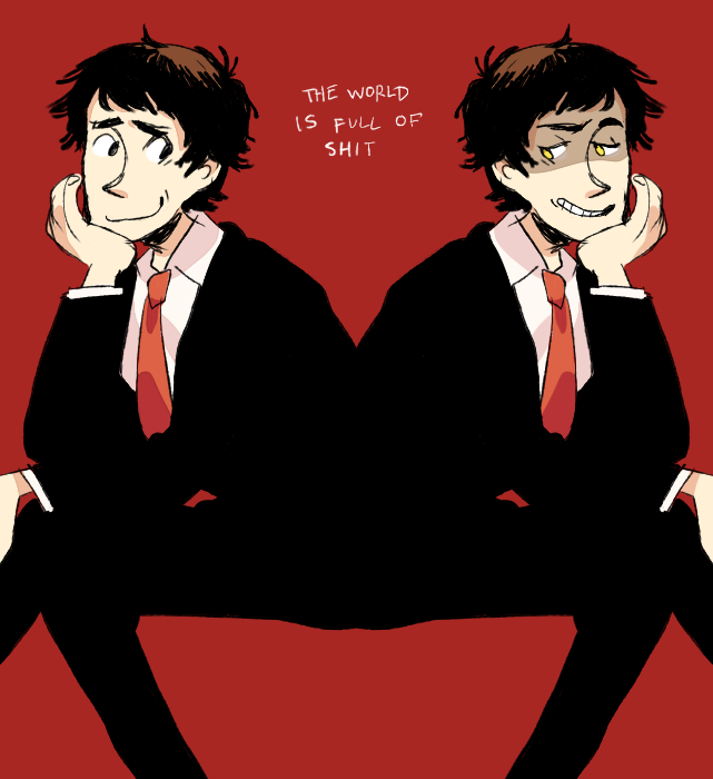 2boys adachi_tooru black_hair black_pants black_suit brogeoisie clenched_teeth dark_persona english_text mirror_image multiple_boys necktie open_mouth pants persona persona_4 red_background red_necktie shadow_(persona) shadow_adachi teeth yellow_eyes