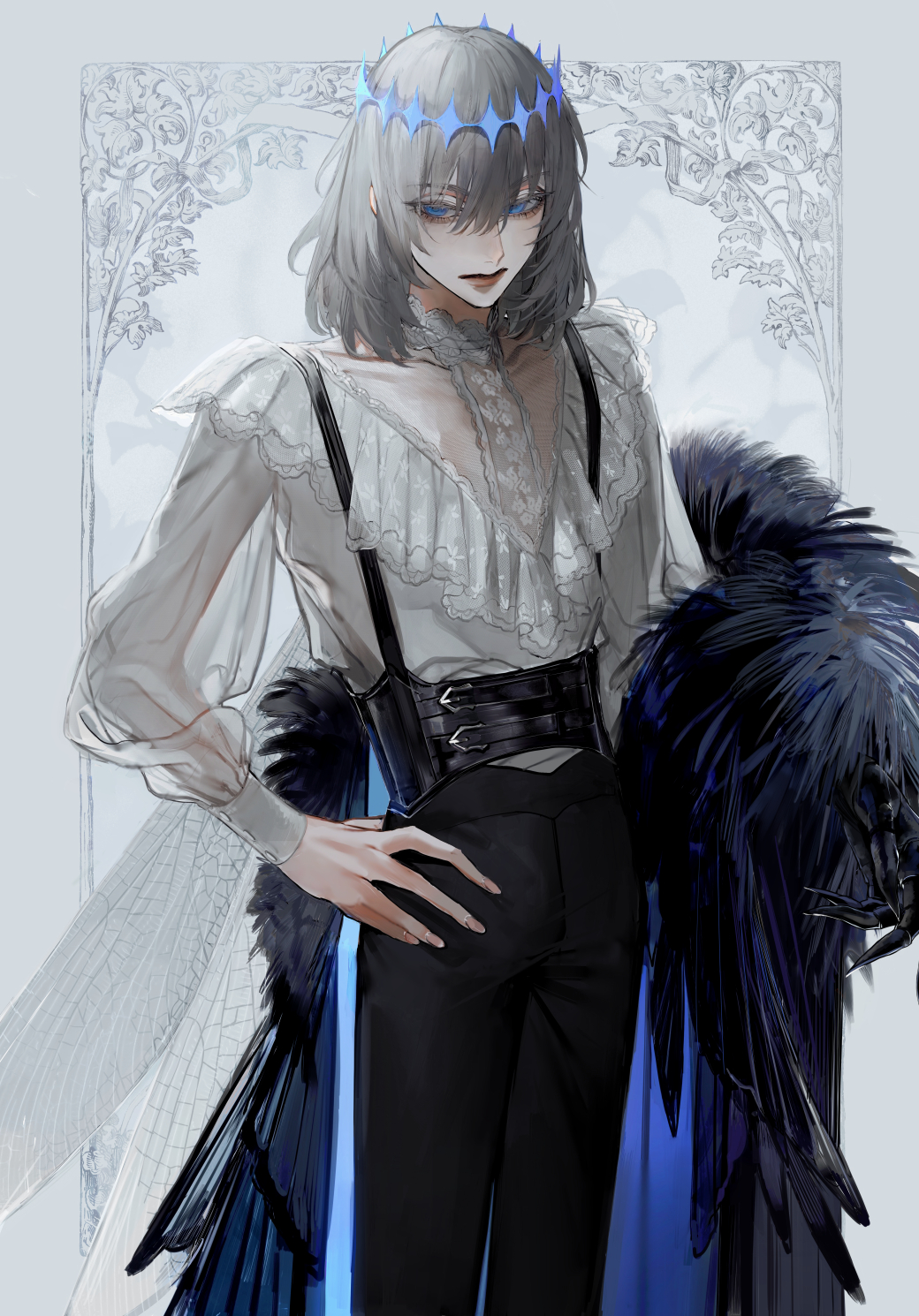 1boy au_(d_elite) black_pants blue_eyes cape crown european_clothes fate/grand_order fate_(series) feet_out_of_frame fur_trim grey_hair hand_on_hip highres holding holding_cape holding_clothes insect_wings looking_at_viewer male_focus oberon_(fate) pants short_hair solo spoilers suspenders wings