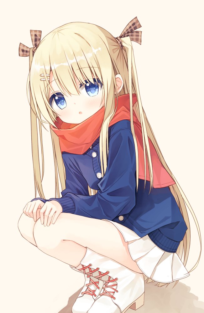 1girl :o bangs blonde_hair blue_jacket boots bow brown_background brown_bow commentary_request eyebrows_visible_through_hair flower_girl_(yuuhagi_(amaretto-no-natsu)) hair_between_eyes hair_bow hair_ornament hairclip hands_on_own_knees high_heel_boots high_heels jacket long_hair long_sleeves looking_at_viewer original parted_lips plaid plaid_bow pleated_skirt red_scarf scarf shadow skirt sleeves_past_wrists solo squatting two_side_up very_long_hair white_footwear white_skirt yuuhagi_(amaretto-no-natsu)