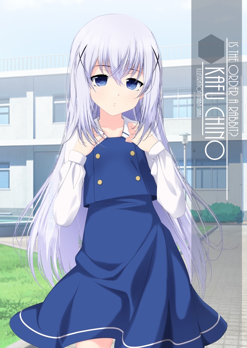 1girl artist_name blue_dress blue_eyes blue_sky building character_name clouds commentary_request cowboy_shot day dress dress_shirt flat_chest gochuumon_wa_usagi_desu_ka? hair_ornament hands_on_own_chest highres inaba_shiki kafuu_chino light_blue_hair long_hair long_sleeves looking_at_viewer outdoors pool_ladder shirt sky solo standing white_shirt x_hair_ornament