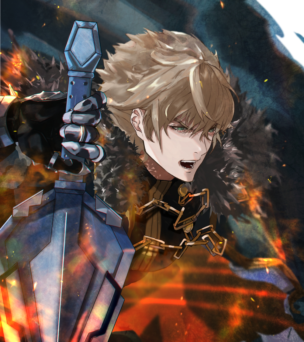 armor bangs blonde_hair cape fate/grand_order fate_(series) gauntlets gawain_(fate) green_eyes hair_between_eyes holding holding_sword holding_weapon kdm_(ke_dama) knights_of_the_round_table_(fate) male_focus open_mouth short_hair solo sword weapon