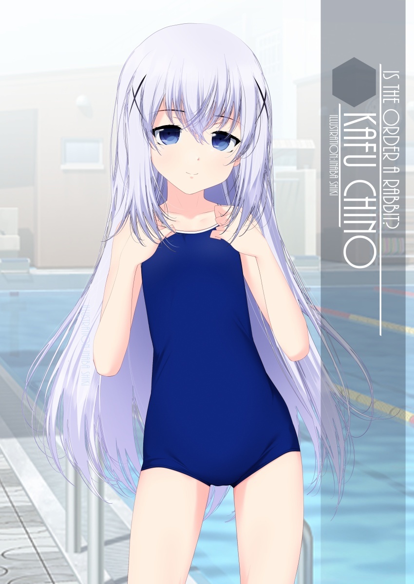 1girl artist_name blue_eyes blue_swimsuit character_name commentary_request competition_school_swimsuit cowboy_shot flat_chest gochuumon_wa_usagi_desu_ka? hair_ornament hands_on_own_chest highres inaba_shiki kafuu_chino light_blue_hair long_hair looking_at_viewer pool_ladder poolside school_swimsuit smile solo standing swimsuit x_hair_ornament