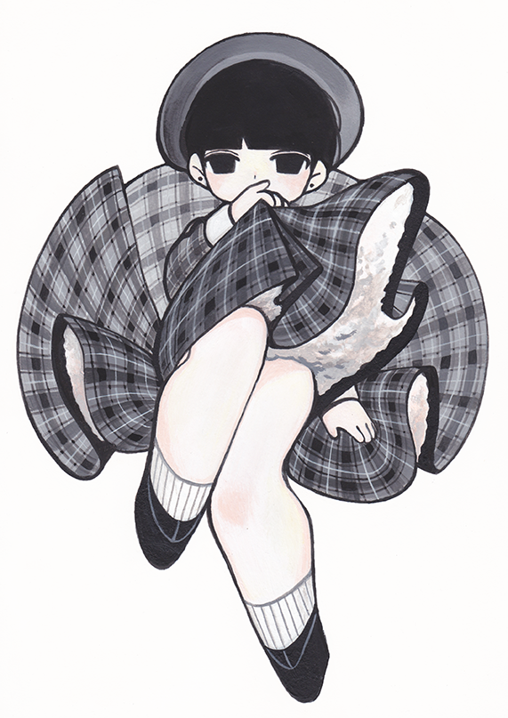 1girl ankle_socks bangs beret blunt_bangs covered_mouth dress earrings frills gingham greyscale hat holding holding_clothes holding_skirt jewelry kirara_yakubou leg_lift monochrome original petticoat shoes short_hair skirt skirt_hold solo traditional_media