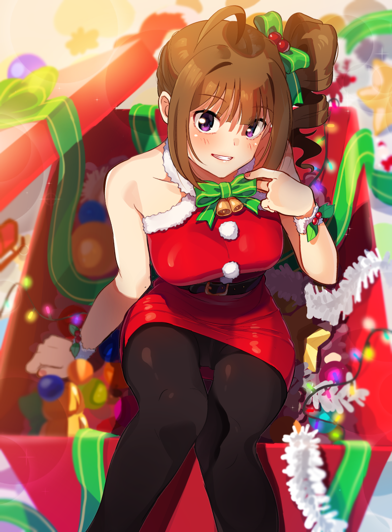 1girl ahoge bangs bell belt black_belt black_legwear blurry blurry_background blush bow bowtie brown_hair christmas christmas_lights commentary depth_of_field dress drill_hair eyebrows_visible_through_hair fur_collar garland_(decoration) gift green_bow green_ribbon grin hair_ornament hair_ribbon halterneck holly holly_hair_ornament idolmaster idolmaster_million_live! kamille_(vcx68) looking_at_viewer medium_hair neck_bell pantyhose pencil_dress red_dress ribbon santa_dress short_dress side_drill side_ponytail sitting smile solo violet_eyes yokoyama_nao