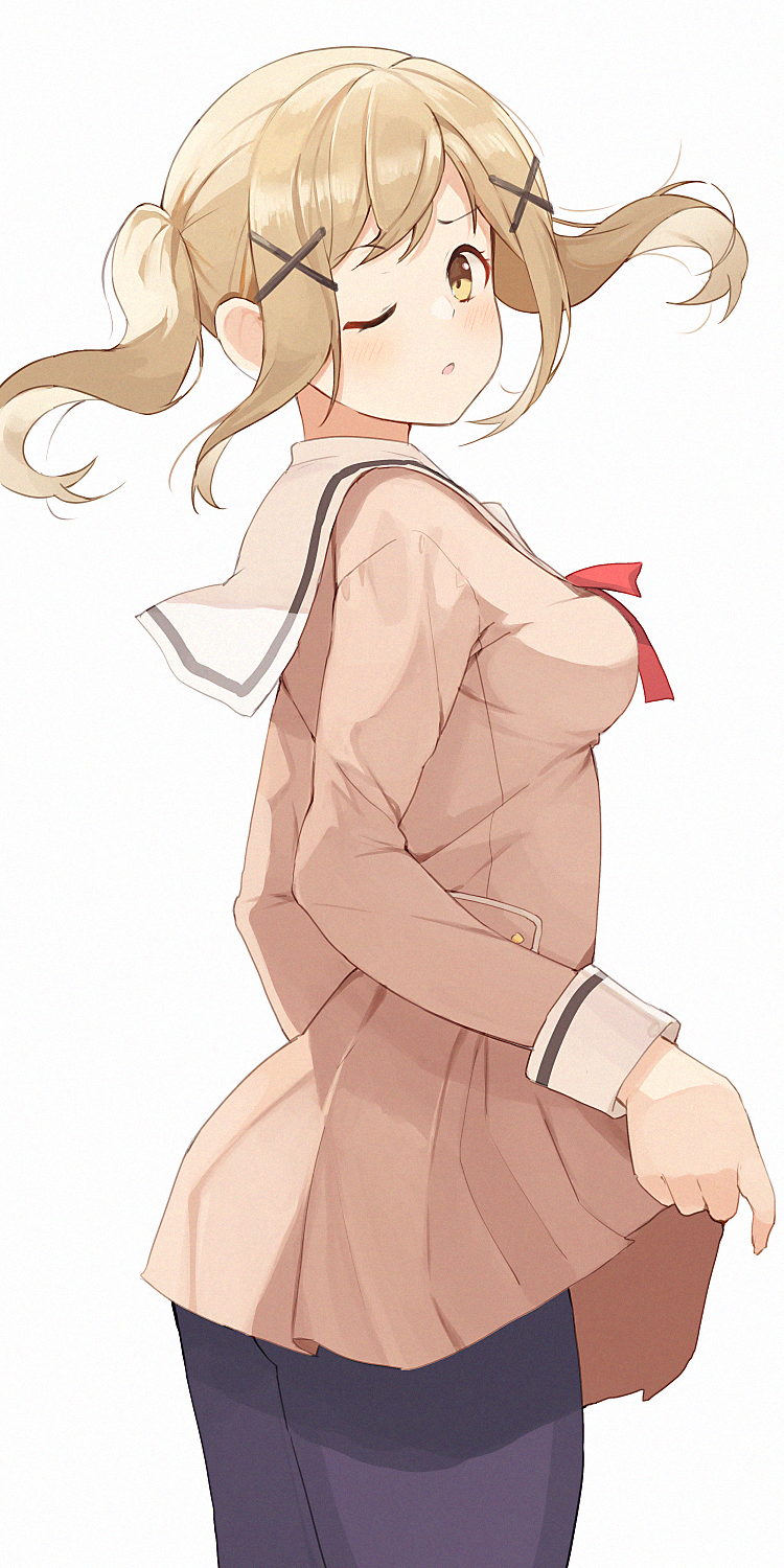 1girl ;o bang_dream! blonde_hair blush breasts hair_ornament hanasakigawa_school_uniform highres hiroki_(yyqw7151) ichigaya_arisa long_sleeves looking_at_viewer medium_breasts one_eye_closed sailor_collar school_uniform short_hair simple_background solo twintails white_background white_sailor_collar x_hair_ornament yellow_eyes