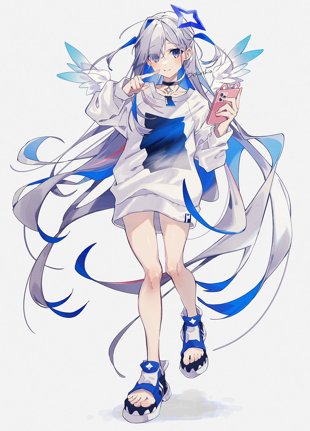 1girl absurdly_long_hair amane_kanata angel_wings bangs blue_eyes blue_hair blush cellphone closed_mouth colored_inner_hair commentary_request eyebrows_visible_through_hair eyes_visible_through_hair floating_hair full_body hair_over_one_eye halo highres holding holding_phone hololive long_hair long_sleeves looking_at_viewer multicolored_hair oshio_(dayo) phone pink_hair silver_hair simple_background smartphone solo standing standing_on_one_leg star_halo streaked_hair sweater very_long_hair virtual_youtuber white_background white_sweater wings