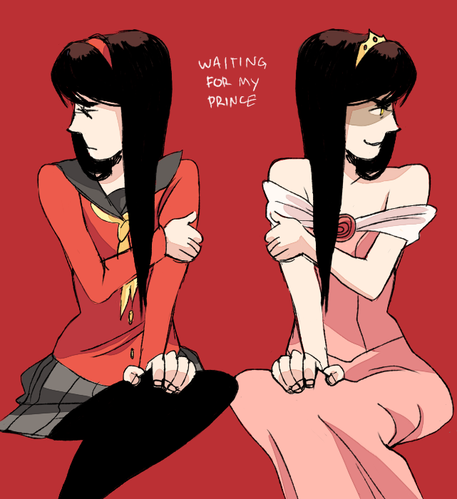 2girls amagi_yukiko bare_shoulders black_hair brogeoisie dark_persona dress english_text flower long_hair miniskirt mirror_image multiple_girls pantyhose persona persona_4 pink_dress red_background red_shirt school_uniform shadow_(persona) shadow_yukiko shirt skirt tiara yasogami_school_uniform yellow_eyes