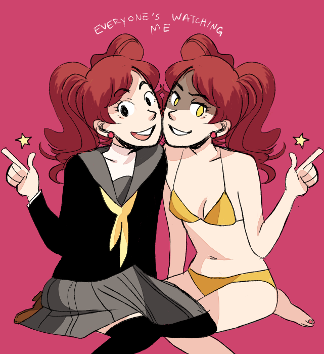 2girls bad_id bad_tumblr_id bikini brogeoisie dark_persona english_text kujikawa_rise looking_at_viewer mirror_image multiple_girls naughty_face open_mouth persona persona_4 pink_background redhead shadow_(persona) shadow_rise smile star_(symbol) swimsuit teeth twintails upper_teeth yellow_bikini yellow_eyes