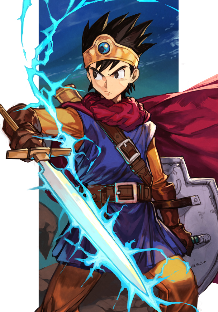 1boy belt belt_buckle black_eyes black_hair brown_gloves buckle cape diadem dragon_quest dragon_quest_iii electricity feet_out_of_frame gloves hankuri holding holding_shield holding_sword holding_weapon looking_to_the_side pants roto scabbard serious sheath shield short_hair solo spiky_hair sword tunic weapon