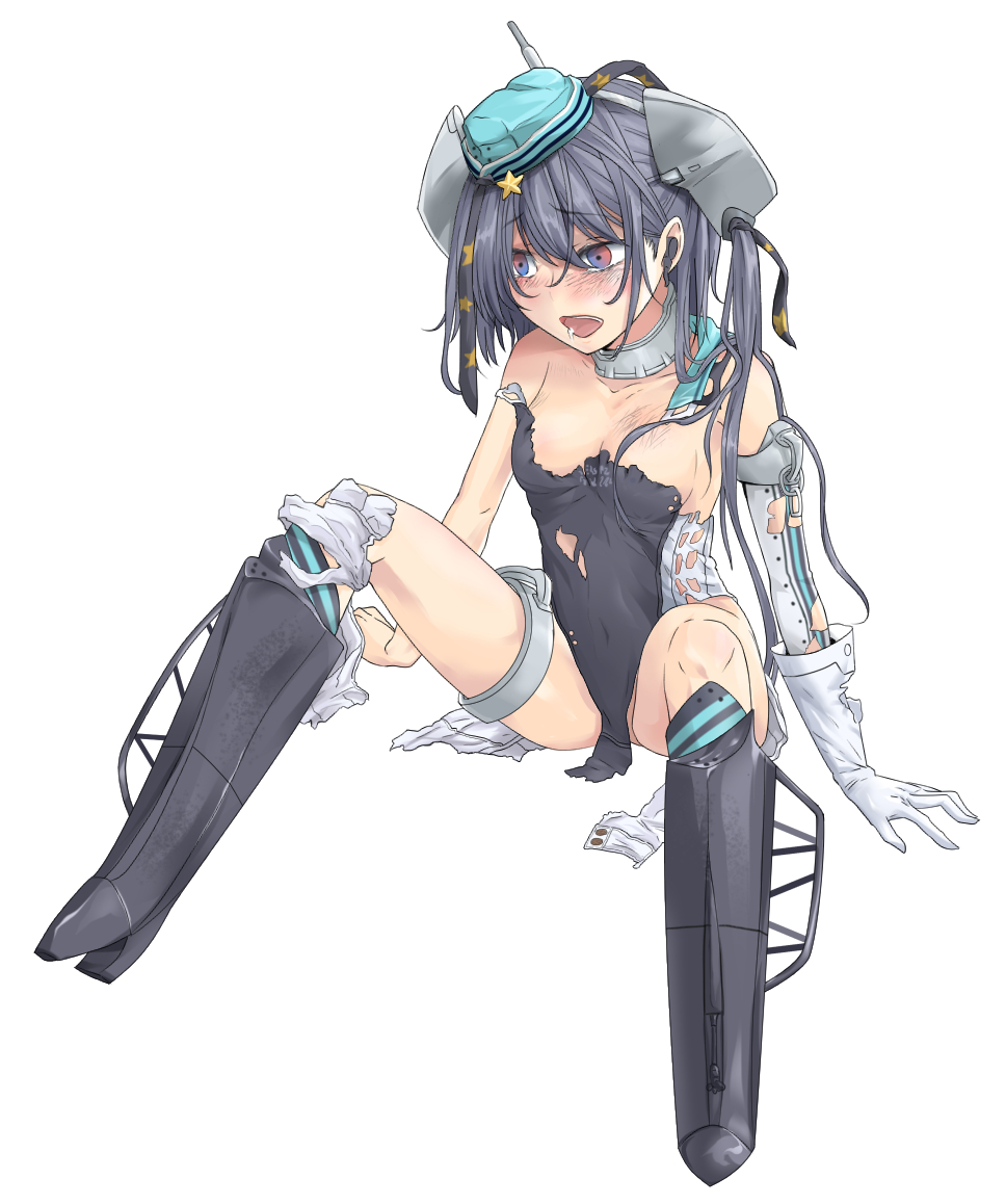 1girl am3 aqua_headwear black_footwear black_ribbon black_swimsuit blue_eyes commentary_request competition_swimsuit full_body garrison_cap gloves grey_hair hair_ornament hair_ribbon hat kantai_collection long_hair one-piece_swimsuit ribbon rudder_footwear scamp_(kancolle) side_ponytail simple_background sitting solo spread_legs star_(symbol) star_hair_ornament swimsuit torn_clothes white_background white_gloves