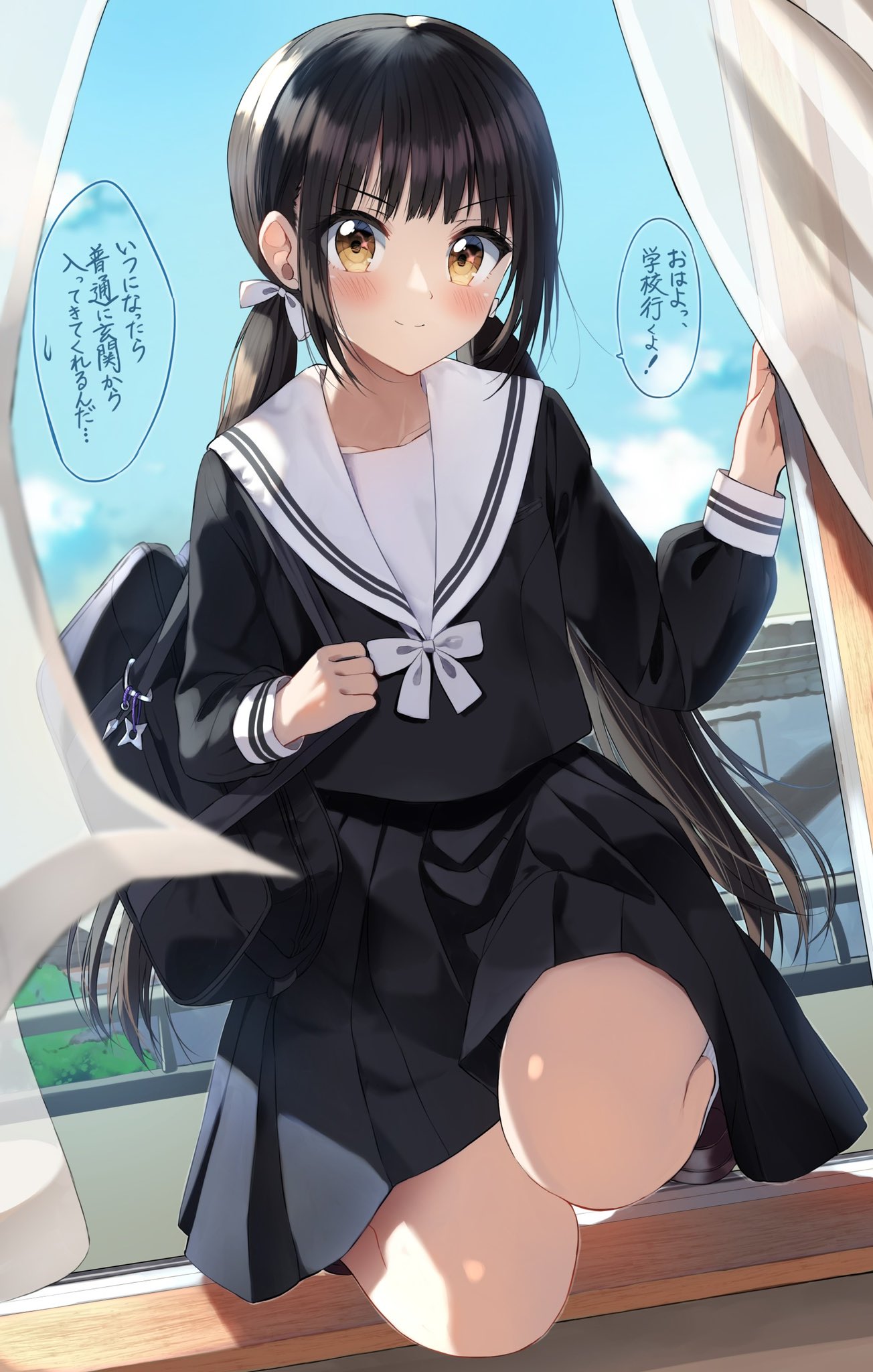 1girl bag black_hair black_skirt blush collarbone commentary_request curtains eyebrows_visible_through_hair full_body highres indoors light_brown_eyes long_hair long_sleeves looking_at_viewer low_twintails original pentagon_(railgun_ky1206) pleated_skirt school_uniform serafuku shoulder_bag skirt smile solo translation_request twintails