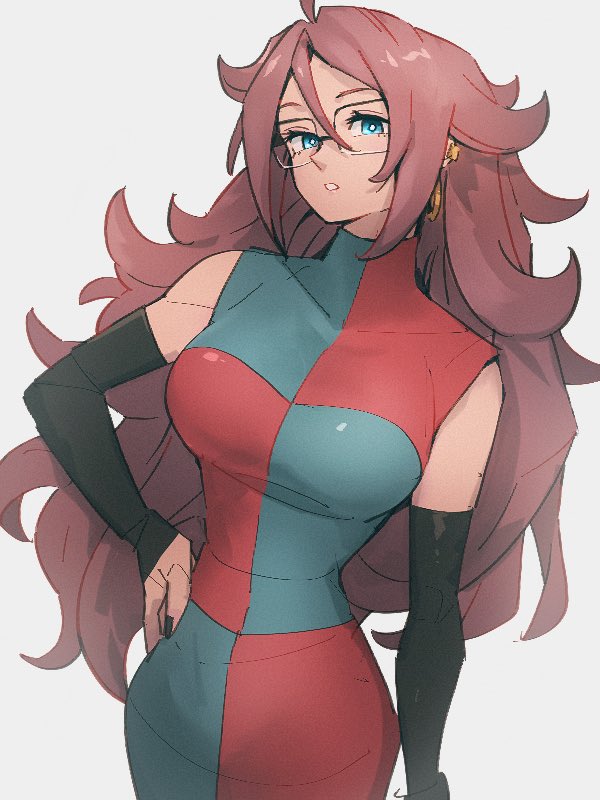 1girl android_21 blue_eyes breasts checkered_clothes checkered_dress dragon_ball dragon_ball_fighterz dress earrings glasses grey_background hair_between_eyes hand_on_hip hoop_earrings jewelry kemachiku large_breasts long_hair looking_at_viewer parted_lips redhead simple_background solo