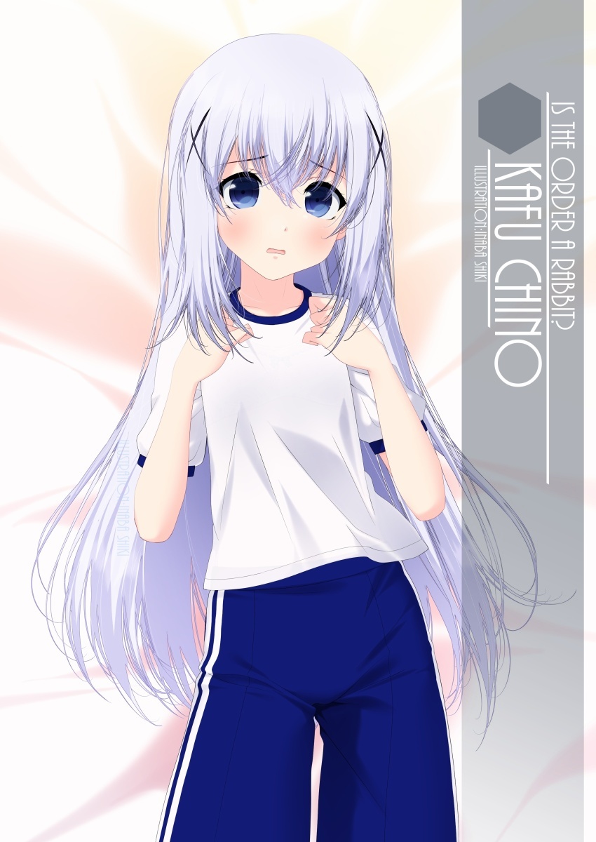 1girl artist_name blue_eyes blue_shorts character_name cowboy_shot flat_chest gochuumon_wa_usagi_desu_ka? gym_shirt gym_uniform hair_ornament hands_on_own_chest highres inaba_shiki kafuu_chino light_blue_hair long_hair looking_at_viewer lying poolside shirt shorts smile solo t-shirt white_shirt x_hair_ornament