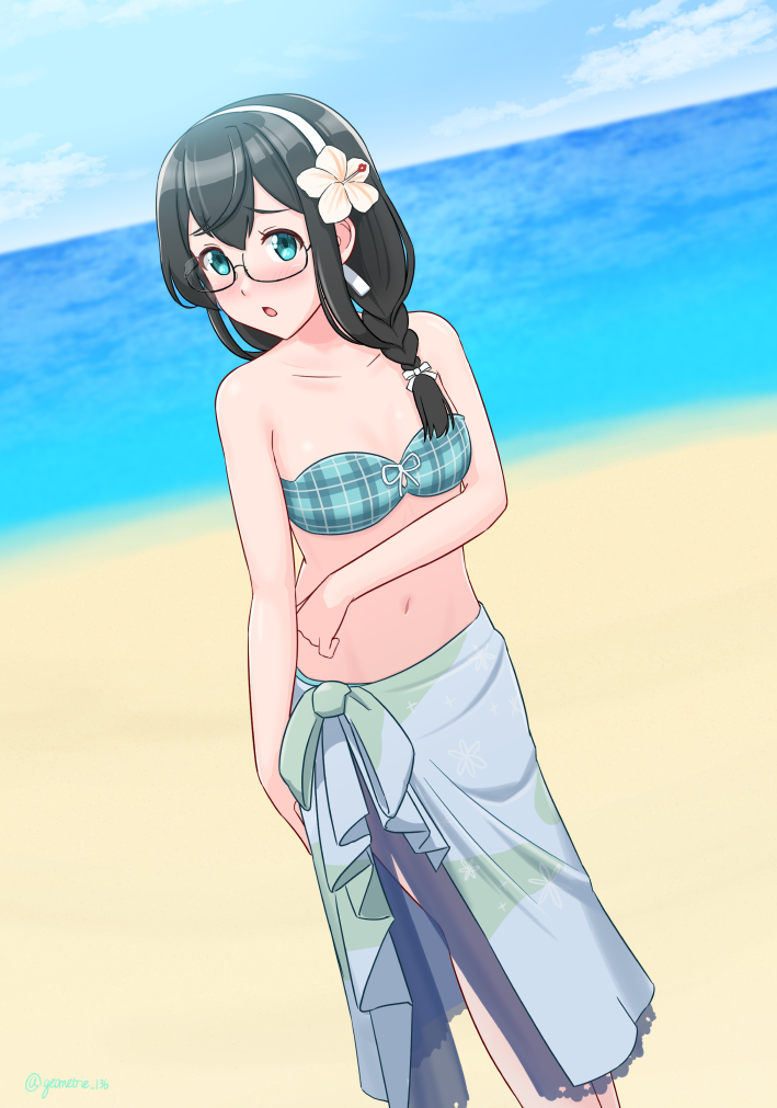 1girl aqua_bikini beach bikini black_hair blue_sky breasts clouds day dutch_angle feet_out_of_frame flower geometrie glasses green_eyes hair_flower hair_ornament hairband horizon kantai_collection long_hair looking_at_viewer ocean official_alternate_costume ooyodo_(kancolle) outdoors plaid plaid_bikini sarong semi-rimless_eyewear sky small_breasts solo strapless strapless_bikini swimsuit under-rim_eyewear white_hairband