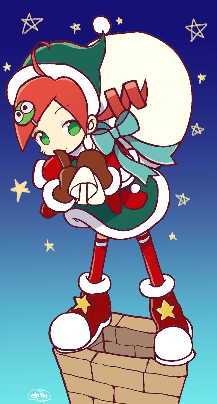 1girl andou_ringo bag chimney christmas closed_mouth dress gloves green_eyes hat highres long_hair looking_at_viewer murata_tefu puyo_(puyopuyo) puyopuyo puyopuyo_7 santa_hat smile solo star_(sky)