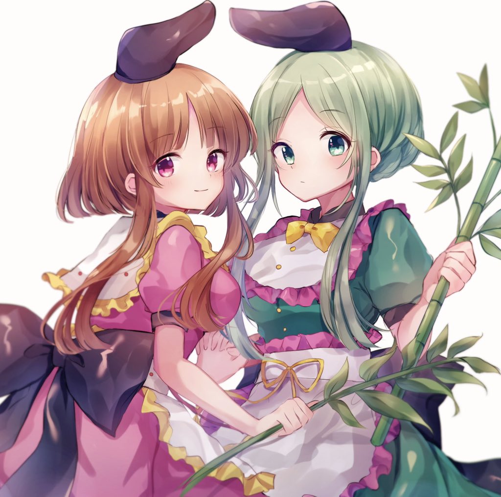 2girls apron back back_bow bamboo bangs black_bow black_headwear black_sash blush bow breasts brown_hair buttons closed_mouth commentary_request dress eyebrows_visible_through_hair frilled_apron frills from_behind green_dress green_eyes green_hair hand_up hat holding_hands large_breasts looking_at_viewer moshihimechan multiple_girls nishida_satono parted_bangs pink_dress pink_eyes plant puffy_short_sleeves puffy_sleeves sash short_hair short_hair_with_long_locks short_sleeves sidelocks simple_background smile standing tate_eboshi teireida_mai tied_hair tongue touhou violet_eyes waist_apron white_apron white_background yellow_bow