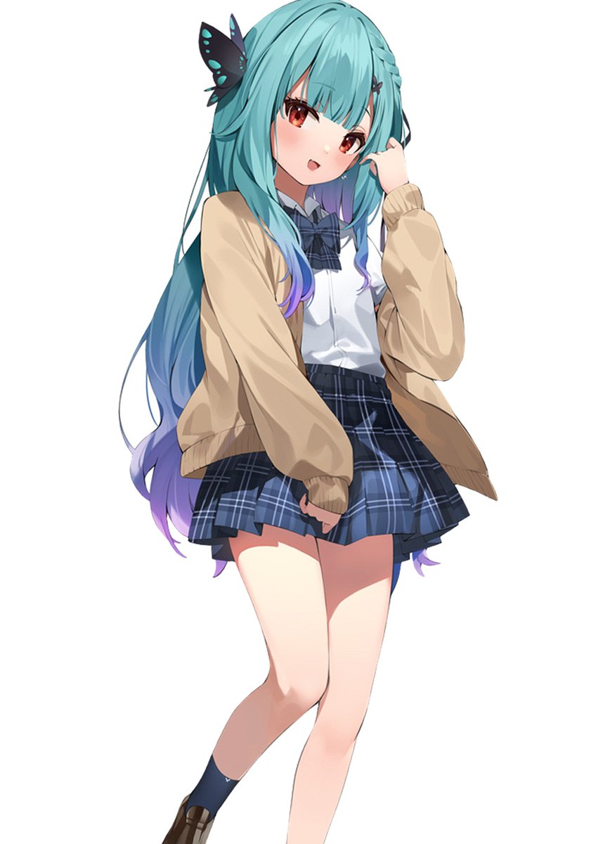 1girl :d bangs blue_bow blue_bowtie blue_legwear blue_skirt blush bow bowtie braid brown_cardigan butterfly_hair_ornament cardigan collared_shirt eyebrows_visible_through_hair feet_out_of_frame gradient_hair green_hair hair_ornament hana_mori hand_up highres hololive long_sleeves looking_at_viewer multicolored_hair open_cardigan open_clothes plaid plaid_bow plaid_bowtie plaid_skirt pleated_skirt purple_hair red_eyes school_uniform shirt simple_background skirt smile socks solo standing standing_on_one_leg uruha_rushia virtual_youtuber white_background white_shirt