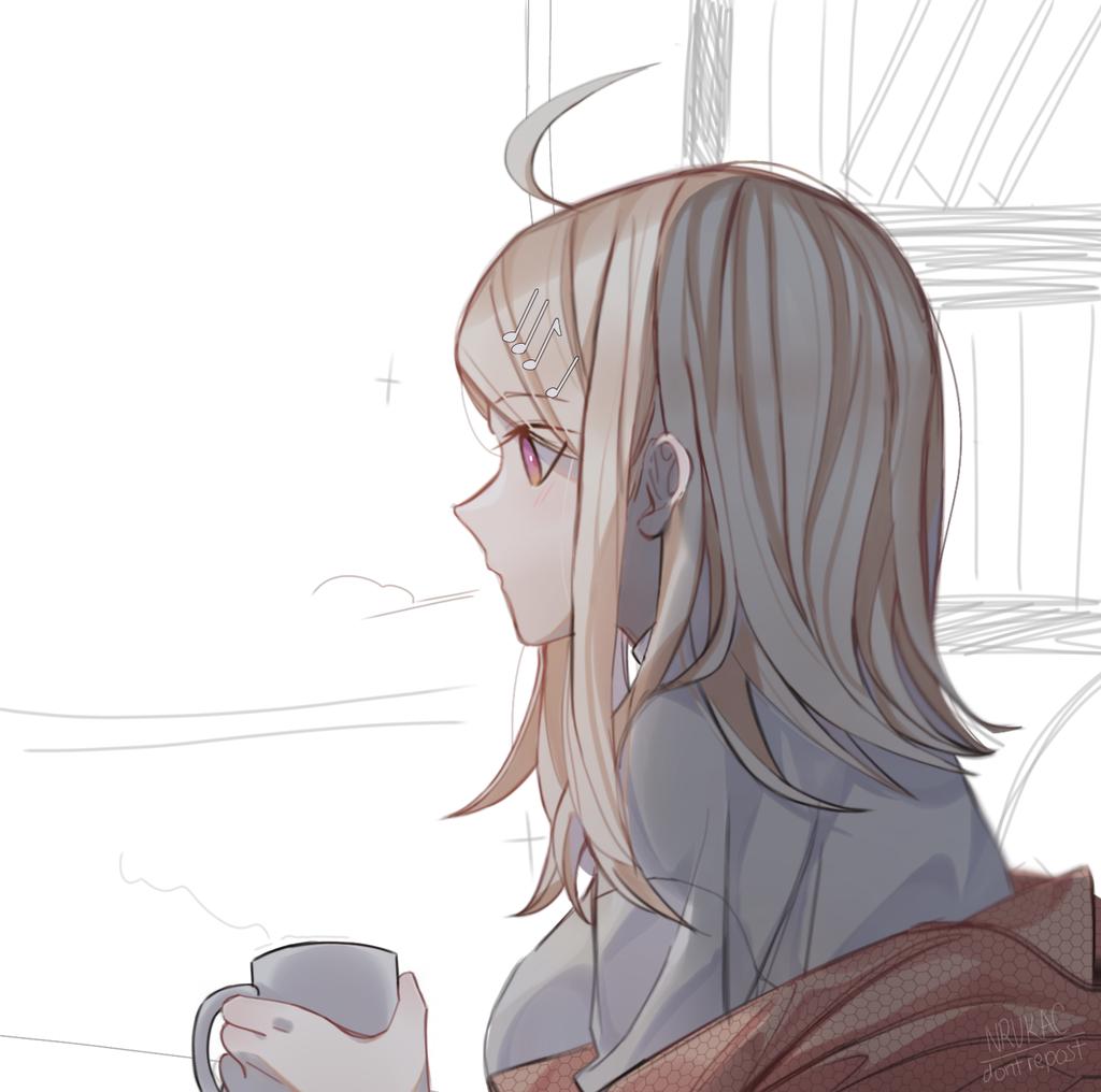 1girl ahoge akamatsu_kaede bangs blonde_hair breasts cup danganronpa_(series) danganronpa_v3:_killing_harmony from_side grey_shirt hair_ornament holding holding_cup large_breasts long_hair long_sleeves musical_note_hair_ornament profile shirt sketch twitter_username um-_uh_(nrukac)