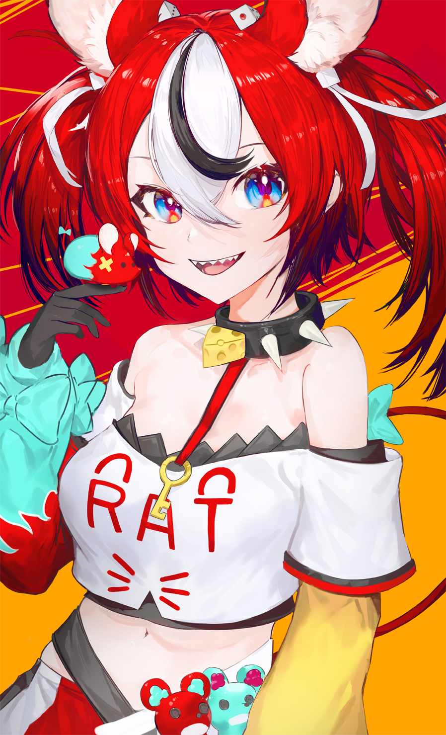1girl :d animal_ear_fluff animal_ears bangosu bangs bare_shoulders black_hair blue_bow blue_eyes bow breasts clothes_writing commentary_request crop_top dice_hair_ornament english_text eyebrows_visible_through_hair hair_between_eyes hair_ornament hakos_baelz hand_up highres hololive hololive_english layered_sleeves long_sleeves looking_at_viewer midriff mouse_ears mouse_girl mouse_tail mr._squeaks_(hakos_baelz) multicolored_hair navel off-shoulder_shirt off_shoulder puffy_long_sleeves puffy_sleeves redhead sharp_teeth shirt short_over_long_sleeves short_sleeves skirt small_breasts smile tail tail_bow tail_ornament teeth two-tone_hair virtual_youtuber white_hair white_shirt white_skirt