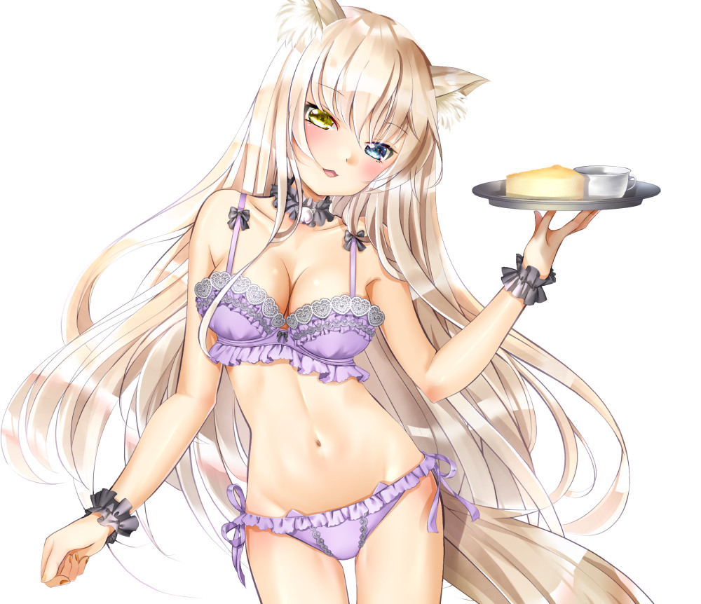 1girl :3 :d animal_ear_fluff animal_ears bangs bare_shoulders black_scrunchie blue_eyes bra breasts cake cat_ears cat_girl cat_tail cheesecake cleavage_cutout clothing_cutout coconut_(nekopara) collarbone commentary_request cowboy_shot cup eyebrows_visible_through_hair food frilled_bra frilled_panties frills fumina groin head_tilt heterochromia holding holding_tray large_breasts lingerie long_hair looking_at_viewer navel nekopara open_mouth panties platinum_blonde_hair purple_bra purple_panties scrunchie side-tie_panties simple_background smile solo stomach tail thigh_gap tray underwear underwear_only very_long_hair white_background wrist_scrunchie yellow_eyes