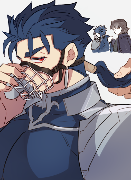 anger_vein angry armor beads blue_bodysuit blue_hair bodysuit closed_mouth cu_chulainn_(fate) cu_chulainn_(fate/stay_night) earrings fate/stay_night fate_(series) grabbing_another's_hair hair_beads hair_ornament jewelry kotomine_kirei long_hair male_focus muzzle pauldrons ponytail red_eyes shoulder_armor slit_pupils spiky_hair white_background yap_(dhgrail)