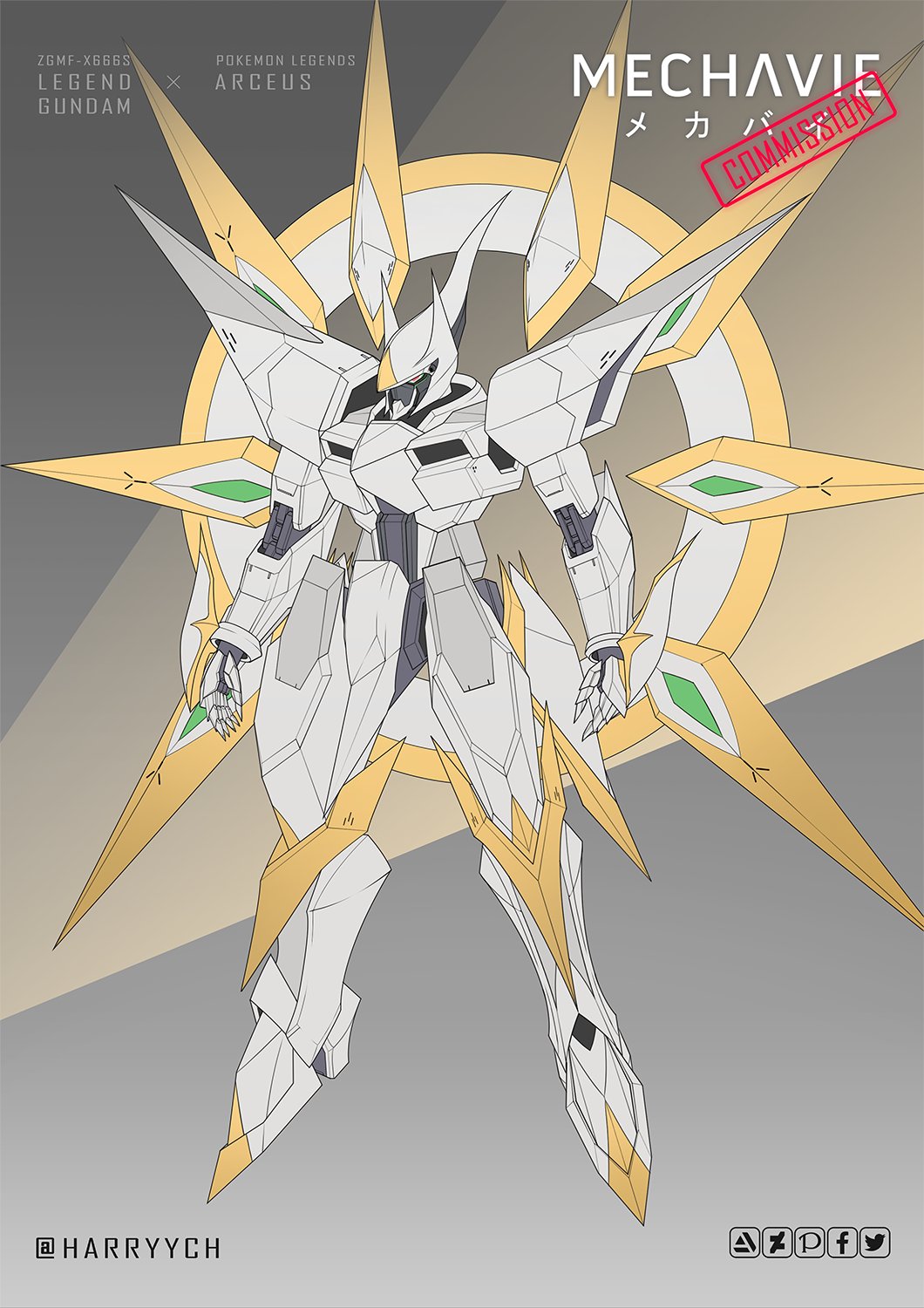 arceus artist_name commission commissioner_upload crossover deviantart_logo english_text facebook_logo gundam gundam_seed harryych highres legend_gundam mobile_suit no_humans pixiv_logo pokemon pokemon_(game) pokemon_dppt robot twitter_logo twitter_username