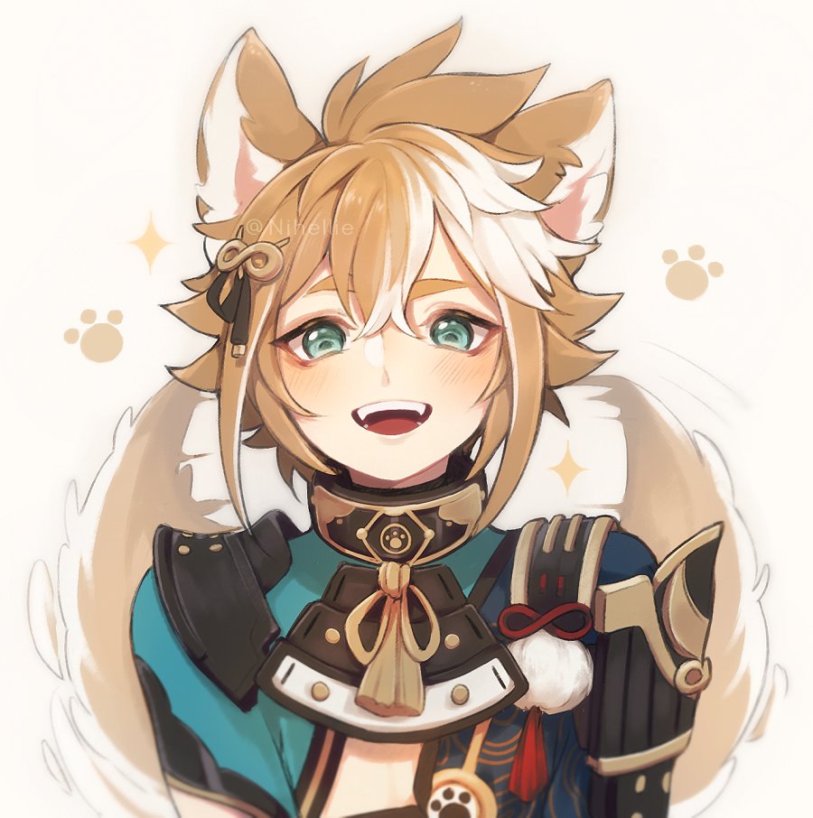 1boy animal_ears armor arms_at_sides bangs blue_eyes blush dog_ears dog_tail english_commentary eyelashes eyeshadow fluffy genshin_impact gorou_(genshin_impact) happy japanese_armor lower_teeth makeup male_focus motion_lines multicolored_hair nihellie open_mouth orange_hair paw_print red_eyeshadow short_sleeves shoulder_armor simple_background solo sparkle streaked_hair tail tail_wagging tassel teeth tongue upper_teeth white_background white_hair
