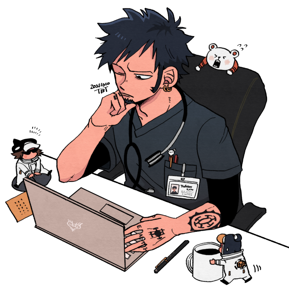 ;( bepo black_hair chair chibi coffee_mug computer cup doctor earrings facial_hair from_above jewelry laptop male_focus mug one_piece penguin_(one_piece) shachi_(one_piece) solo_focus tattoo tbt trafalgar_law