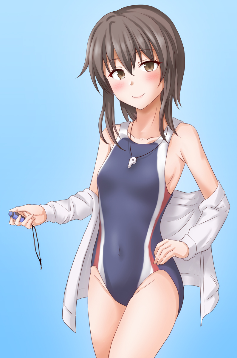 1girl anti_(untea9) black_swimsuit blue_background breasts brown_eyes brown_hair competition_swimsuit covered_navel cowboy_shot eyebrows_visible_through_hair gradient gradient_background hair_between_eyes highleg highleg_swimsuit highres kantai_collection looking_at_viewer one-piece_swimsuit pocket_watch small_breasts solo swimsuit taihou_(kancolle) watch whistle whistle_around_neck