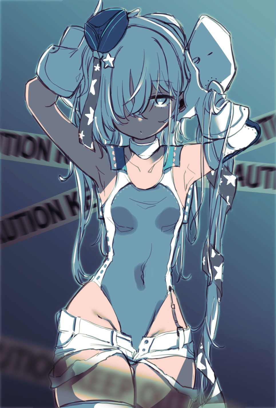 1girl aqua_headwear black_ribbon black_swimsuit caution_tape competition_swimsuit cowboy_shot garrison_cap garter_straps gloves grey_eyes grey_hair hair_ornament hair_ribbon hat highleg highleg_swimsuit highres kantai_collection karin_bluez3 long_hair looking_at_viewer one-piece_swimsuit ribbon scamp_(kancolle) short_shorts shorts side_ponytail solo star_(symbol) star_hair_ornament swimsuit thigh-highs torn_clothes torn_shorts white_gloves white_shorts