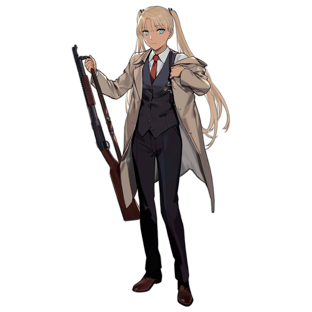 1girl blonde_hair brown_jacket dark-skinned_female dark_skin duoyuanjun formal girls_frontline gun gunslinger_girl handgun jacket looking_at_viewer necktie pants queues shotgun sig_sauer sig_sauer_p230 smiley_face suit transparent_background triela weapon winchester_model_1897