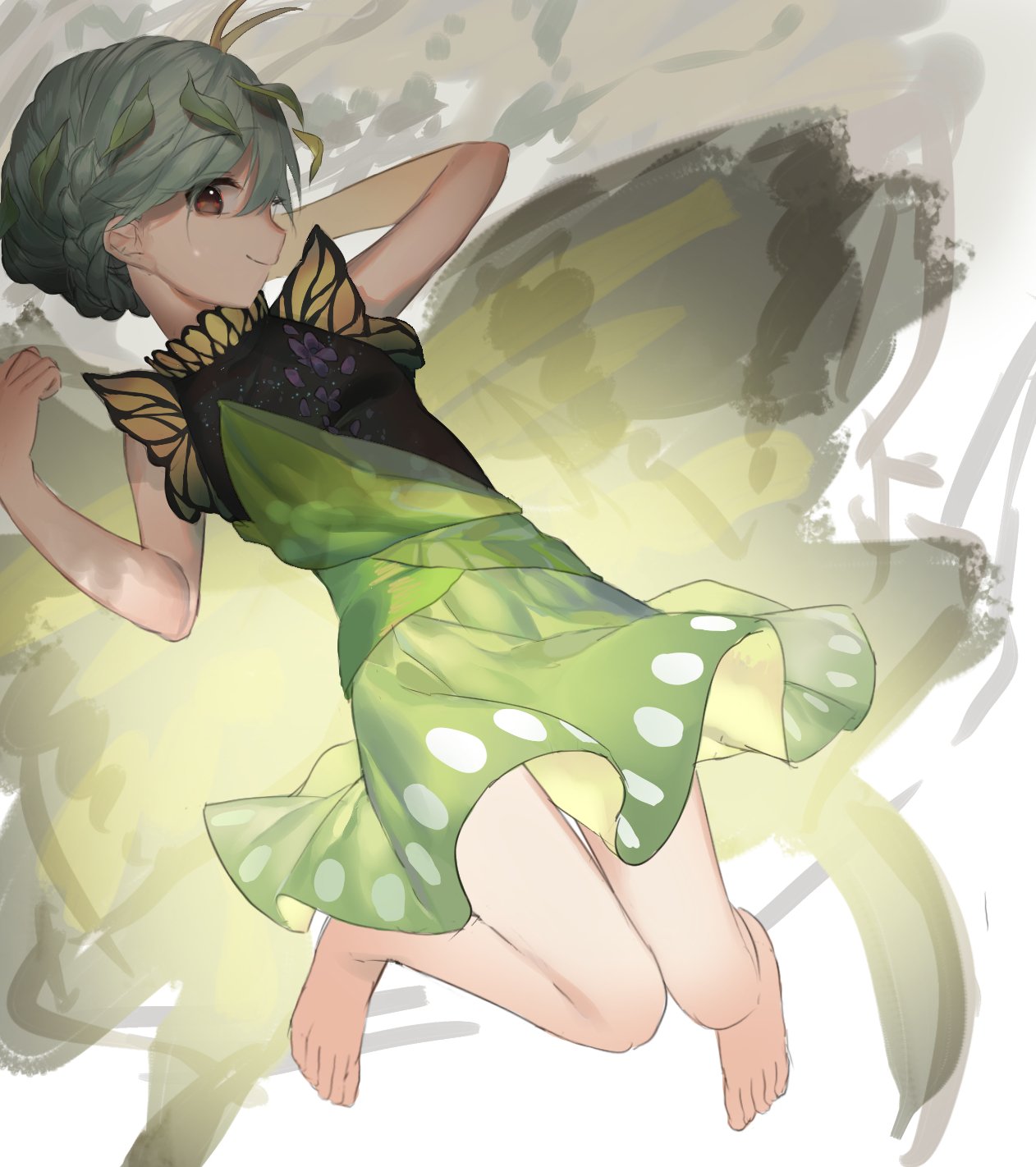 1girl antennae aqua_hair bare_legs barefoot brown_eyes butterfly_wings closed_mouth dress eternity_larva eyebrows_visible_through_hair fairy green_dress hair_between_eyes highres leaf leaf_on_head motsuba multicolored_clothes multicolored_dress short_hair single_strap smile solo touhou unfinished wings