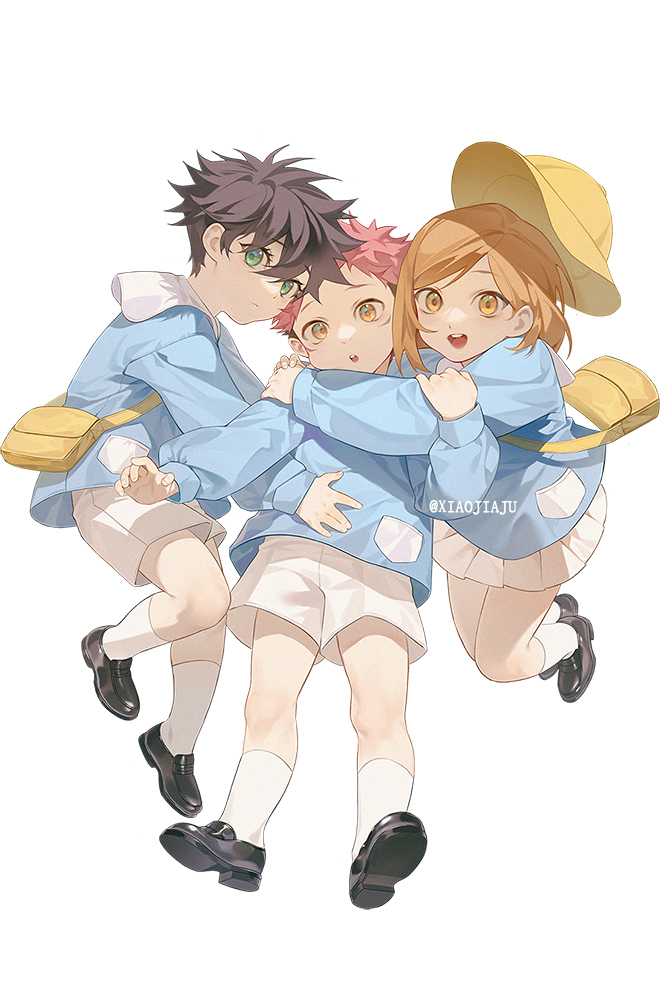 1girl 2boys :d :o artist_name bag black_footwear black_hair blue_shirt brown_eyes brown_hair child closed_mouth eyelashes facial_mark full_body fushiguro_megumi green_eyes hair_between_eyes hand_on_another's_arm hand_on_another's_shoulder hand_on_another's_stomach hat hug itadori_yuuji jujutsu_kaisen jumping kindergarten_bag kindergarten_uniform kneehighs kugisaki_nobara lan-ge-zi loafers long_sleeves looking_at_viewer male_focus miniskirt multiple_boys outstretched_arms own_hands_together pink_hair pleated_skirt pocket school_hat shirt shoe_soles shoes short_hair shorts shoulder_bag simple_background skirt smile spiky_hair undercut upshorts white_background white_legwear white_shorts white_skirt yellow_eyes yellow_headwear younger