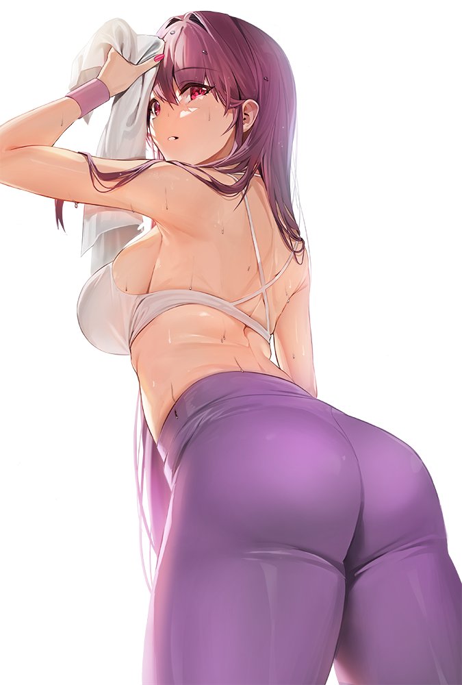 1girl ass blush bra breasts damda fate/grand_order fate_(series) from_below hair_intakes large_breasts long_hair looking_at_viewer pants parted_lips purple_hair purple_pants scathach_(fate) sideboob sidelocks simple_background solo sports_bra sweat towel underwear violet_eyes white_background white_bra wristband