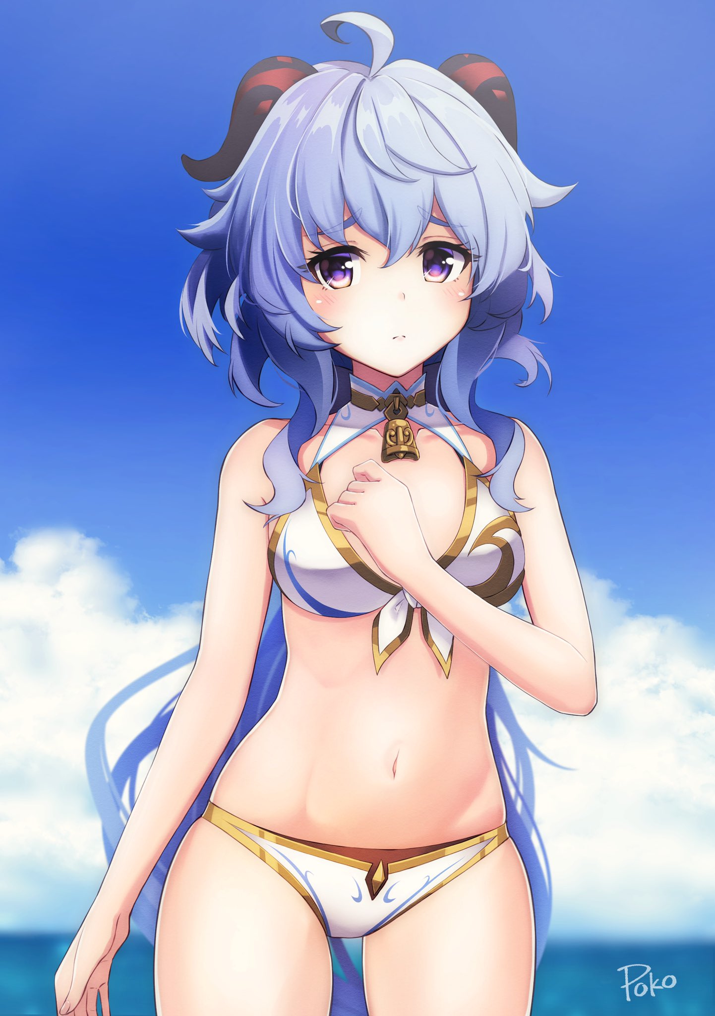 ahoge alternate_costume artist_name bangs bell blue_hair blue_sky blush breasts clouds cowboy_shot eyebrows_visible_through_hair ganyu_(genshin_impact) genshin_impact hand_on_own_chest highres horns long_hair looking_at_viewer medium_breasts navel neck_bell ocean poko_(user_rjdg5478) sidelocks sky solo standing swimsuit thighs violet_eyes