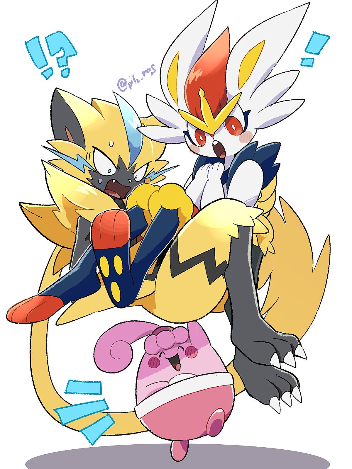 ! !? :d blush_stickers bright_pupils carrying cinderace closed_eyes commentary_request happiny highres koke_ojisan looking_down notice_lines open_mouth pokemon pokemon_(creature) red_eyes smile sweatdrop tongue twitter_username white_background white_pupils zeraora