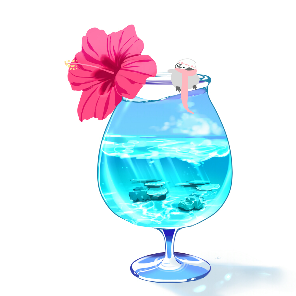 animal animal_focus bird chai clouds commentary cup drink drinking_glass flower food_focus hat looking_at_viewer looking_back no_humans ocean original penguin scarf shadow signature simple_background sky underwater white_background
