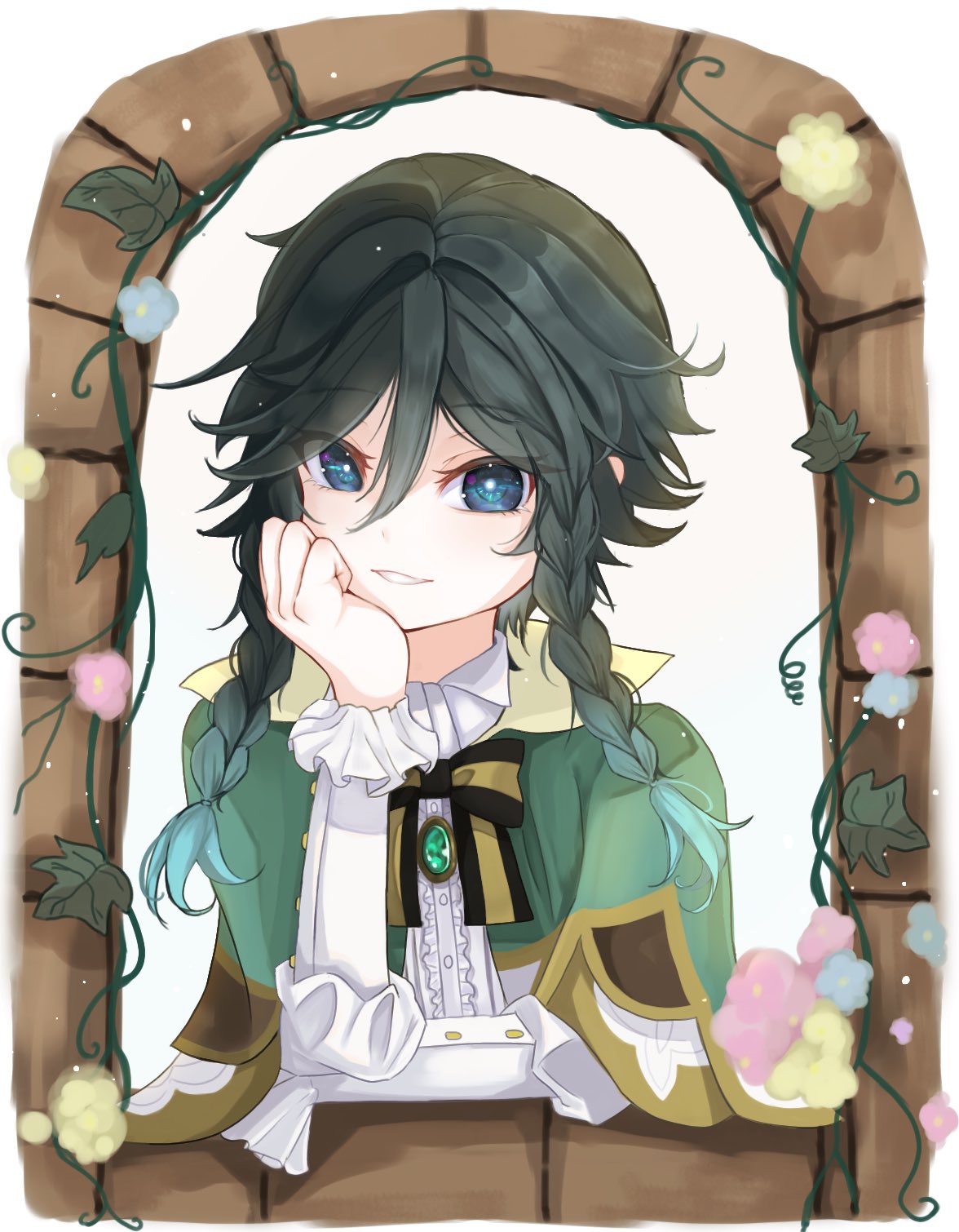 1boy androgynous bangs black_hair blue_hair bow braid brooch collared_cape collared_shirt commentary_request eyebrows_visible_through_hair frilled_sleeves frills gem genshin_impact gradient_hair green_eyes highres jewelry long_sleeves looking_at_viewer male_focus multicolored_hair open_mouth paru_0_palu plant shirt short_hair_with_long_locks side_braids sidelocks simple_background smile solo twin_braids venti_(genshin_impact) vines white_background white_shirt
