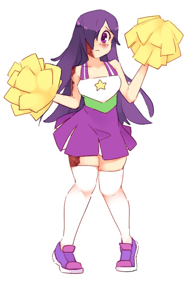 1girl :&lt; bangs bare_arms blush burn_scar cheerleader commentary dress english_commentary full_body hair_over_one_eye ikezawa_hanako katawa_shoujo long_hair looking_at_viewer one_eye_covered pom_pom_(cheerleading) purple_hair rtil scar simple_background sleeveless sleeveless_dress solo sweatdrop thigh-highs violet_eyes white_background white_legwear zettai_ryouiki