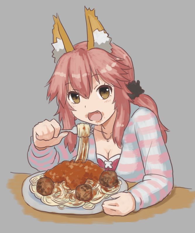 1girl animal_ear_fluff animal_ears bad_id black_hairband bra collarbone dish drawfag eating fang fate/extra fate/extra_ccc fate_(series) food fork fox_ears fox_girl grey_background hairband hood hoodie jewelry meatball meme necklace open_mouth pasta pink_bra pink_hair solo spaghetti striped striped_hoodie table tamamo_(fate) tamamo_no_mae_(fate/extra) underwear yellow_eyes