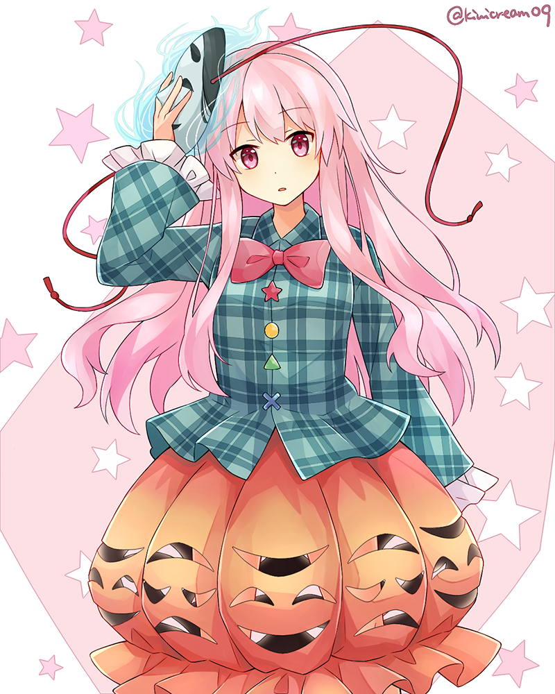 1girl aqua_shirt blush bow bubble_skirt collared_shirt eyebrows_visible_through_hair feet_out_of_frame hair_between_eyes hata_no_kokoro kiwicream09 long_hair long_sleeves mask mask_on_head open_mouth orange_skirt pink_bow pink_eyes pink_hair plaid plaid_shirt shirt skirt solo star_(symbol) touhou twitter_username