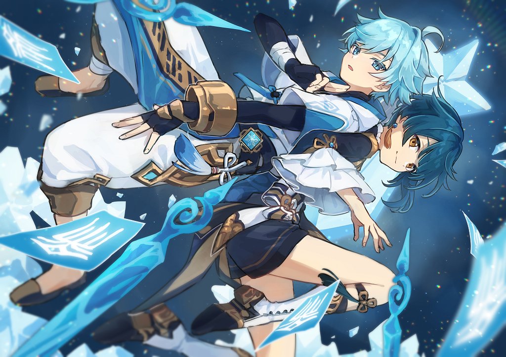 2boys ahoge back-to-back bandaged_leg bandaged_wrist bandages bangs blue_background blue_eyes blue_gloves blue_hair boots brown_eyes chongyun_(genshin_impact) coattails commentary crystal e_uu88 earrings elbow_gloves fingerless_gloves flower_knot foot_out_of_frame frilled_sleeves frills genshin_impact gloves ice jewelry knee_boots looking_at_viewer male_focus multiple_boys open_mouth pants shirt shoes short_hair slit_pupils smile swept_bangs talisman tassel tassel_earrings vision_(genshin_impact) white_pants white_shirt xingqiu_(genshin_impact)