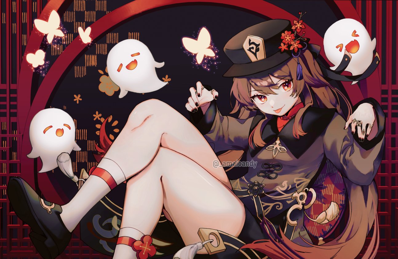 1girl amai_(_amaicandy) black_nails brown_hair chinese_clothes coat coattails flower flower-shaped_pupils genshin_impact ghost hat hat_ornament hu_tao_(genshin_impact) jewelry long_hair looking_at_viewer plum_blossoms porkpie_hat red_eyes red_shirt ring shirt symbol-shaped_pupils thighs tongue tongue_out